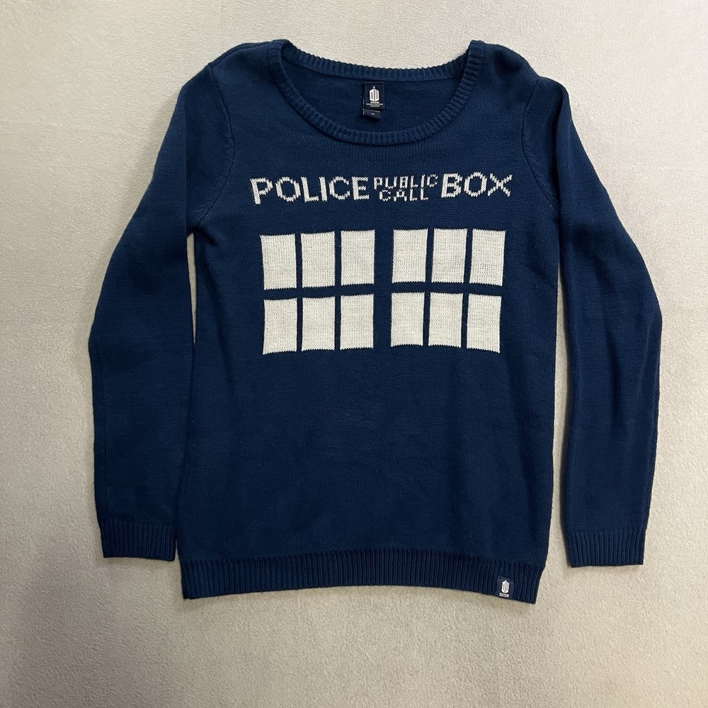 Hot Topic Blue BBC Dr Who Tardis Pullover Sweater Medium Blue Police Call